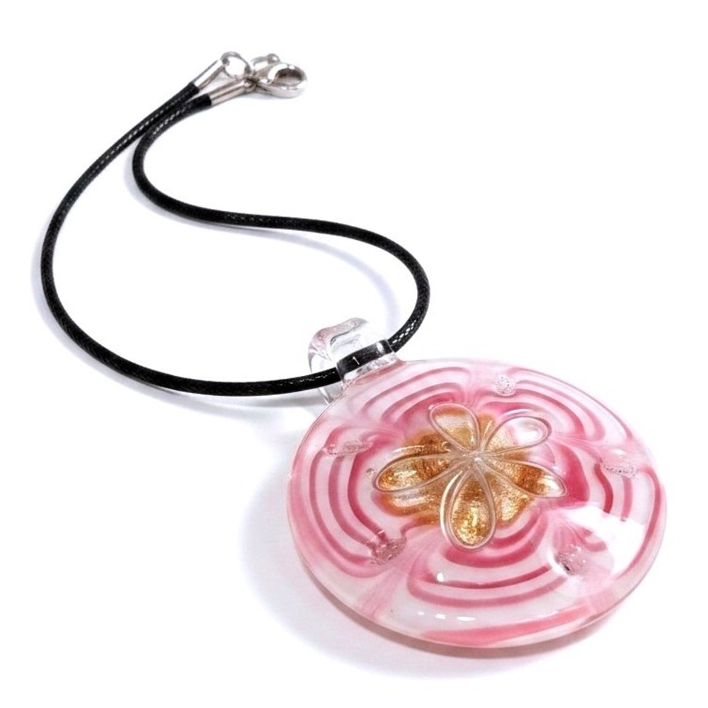 2013 Cape Shore Sand Dollar Glass Pendant Pink Gold Flower Necklace Boxed New